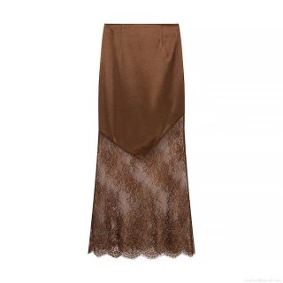Women's Elegant Satin Lace Patchwork Midi Skirt Sexy Bodycon High Waist Brown Skirt Socialite Pencil Skirt for Party Clubwear