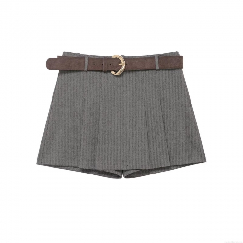 Women's High Waist Herringbone Woolen Blend Pleated Culottes Shorts With Brown Suede Belt Elegant Casual Fashion Grey Skort For Winter Daily Wear