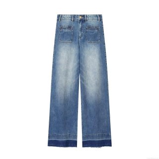 Women's High Waisted Wide Leg Jeans Light Blue Cotton Denim Trousers Casual Distressed Patch Pocket Straight Denim Pants With Raw Hem