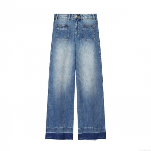 Women's High Waisted Wide Leg Jeans Light Blue Cotton Denim Trousers Casual Distressed Patch Pocket Straight Denim Pants With Raw Hem