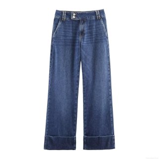 Women's Casual Straight Leg Denim Jeans With Wide Folded Cuffed Hem Low Waist Indigo Blue Washed Cotton Trousers For Daily Wear Fashion