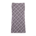 Women Plaid Mesh Midi Skirt Casual Slim Fit High Waist Side Drawstring Checkered Pencil Skirt Elegant Purple Grey Polyester Mesh Skirt For Daily Fashion Women