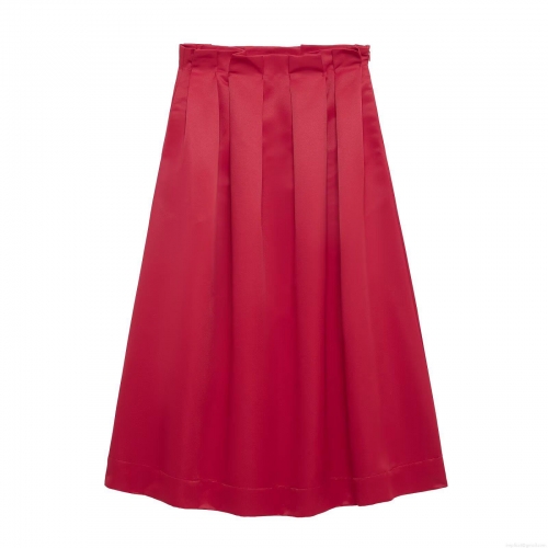Women's Elegant High Waist A-Line Pleated Midi Skirt 100% Polyester Solid Color Satin Luster Casual Office Party Skirt For Ladies