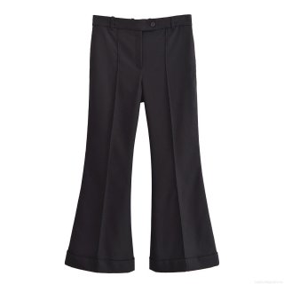 Women's Elegant Micro Flare Leg Trousers Polyester Spandex Solid Black Mid Waist Business Casual Office Work Pants With Ironed Pleats For Spring Summer