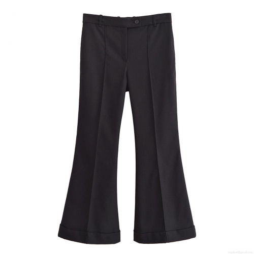 Women's Elegant Micro Flare Leg Trousers Polyester Spandex Solid Black Mid Waist Business Casual Office Work Pants With Ironed Pleats For Spring Summer