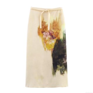 Women's Elegant Floral Print Satin Midi Skirt With Tie Waist High Waist Slit Silk-Like Skirt For Commute Dating Ladies Elegant Bottoms