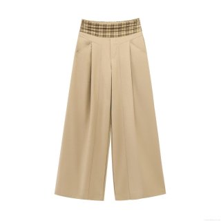Women's Vintage Khaki Wide Leg Pants Plaid Patchwork High Waisted Cotton Blend Twill Trousers With Pockets Casual Loose Chic Streetwear Bottoms