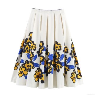 Women Elegant Floral Print Pleated Midi Skirt High Waist A-Line Polyester Spandex Summer Casual Dating Office Fashion Swing Bottoms