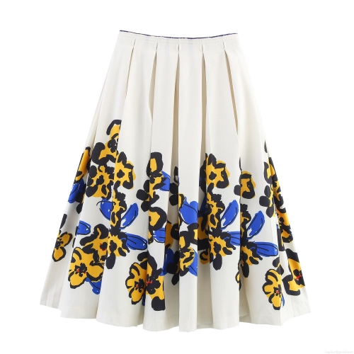 Women Elegant Floral Print Pleated Midi Skirt High Waist A-Line Polyester Spandex Summer Casual Dating Office Fashion Swing Bottoms