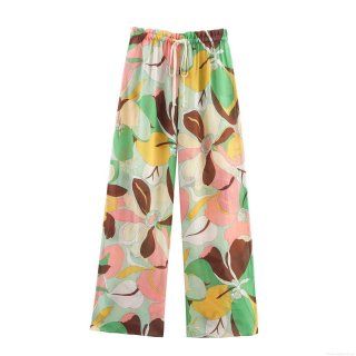 Women's Summer Casual Linen Wide Leg Pants Fashion Abstract Floral Printed Drawstring Elastic Waist Loose Trousers With Pockets