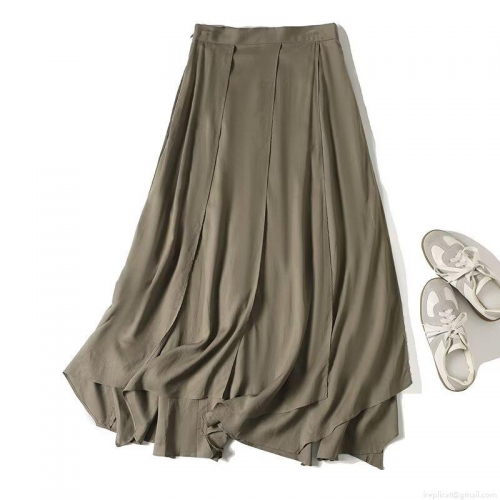 Women High Waist Pleated Midi Skirt Hemp Viscose Blend Irregular Hem Solid Color Casual Vacation Fashion Skirt For Women