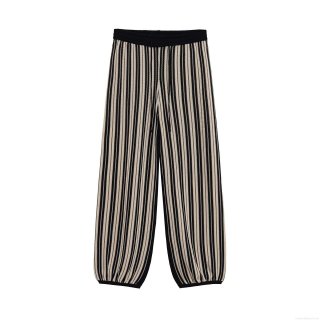 Women's Summer Vertical Striped Knit Wide Leg Pants Casual High Waist Drawstring Polyester Trousers For Daily Leisure