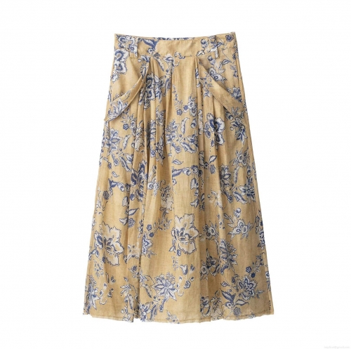 Women's Vintage Floral Print High Waist A-Line MIDI Skirt Ginger Yellow Cotton Linen Blend Elegant Commute Summer Vacation Skirt