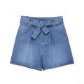 Women High Waist Denim Look Shorts With Bow Tie Belt Sweet Style Casual Straight Leg Blue Short Pants For Summer Daily Vacation Wear