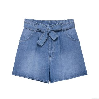 Women High Waist Denim Look Shorts With Bow Tie Belt Sweet Style Casual Straight Leg Blue Short Pants For Summer Daily Vacation Wear