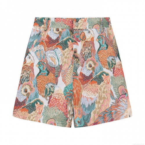 Women's Summer High Waist Bird Print Jacquard Shorts Casual Straight Leg Spandex Polyester Five-Point Pants Elegant Colorful Parrot Pattern Bottoms