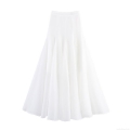 Women Elegant High Waist White Pleated A-Line Maxi Skirt 100% Polyester Solid Color Large Swing Long Skirt For Daily Party Commuting Autumn Fashion