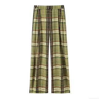 Women's Casual High Waist Plaid Wide Leg Pants Vintage Green Cotton Linen Blend Loose Straight Trousers For Summer Daily Vacation