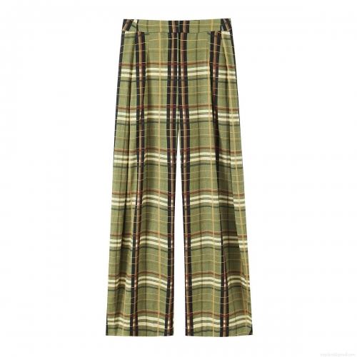 Women's Casual High Waist Plaid Wide Leg Pants Vintage Green Cotton Linen Blend Loose Straight Trousers For Summer Daily Vacation