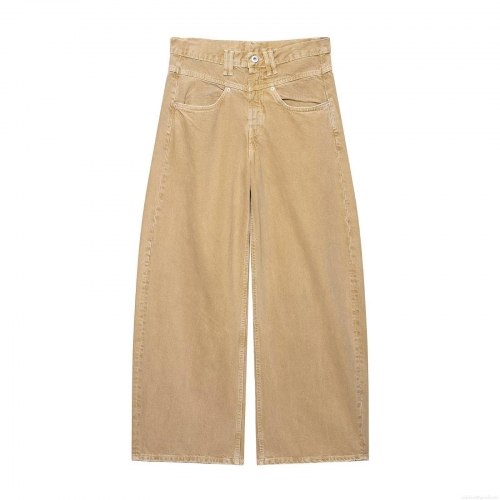 Women's Casual High Waist Wide Leg Jeans Mustard Yellow Polyester Blend Denim Loose Straight Trousers Solid Color Fashion Pants Women Daily Wear