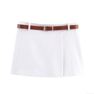 Women's Casual High Waist Skort With Brown Leather Belt Solid White Double Breasted Mini Shorts Culottes For Daily Commuting