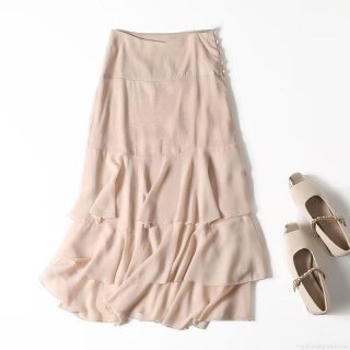 Women Elegant Tiered Ruffle Midi Skirt High Waist Pleated A-Line Chiffon Texture Skirt Solid Color For Office Party Commute Soft Chic Fashion