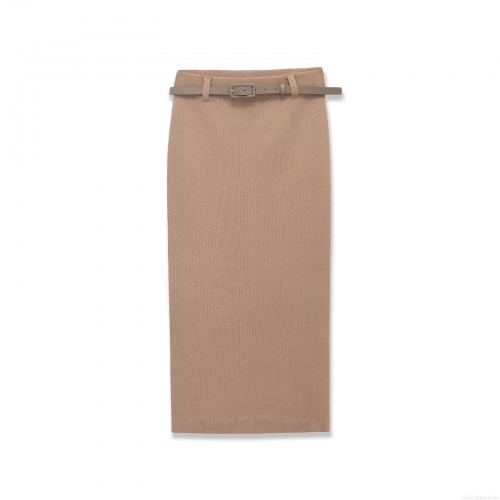 Women's Ribbed Knit Midi Skirt With Belt Elegant High Waist Straight Pencil Skirt Streetwear Solid Color Back Slit Bodycon Skirt For Women