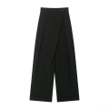 Women's High Waist Wide Leg Trousers Asymmetric Button Waist Casual Straight Pants Solid Black Polyester Commute Elegant Office Lady Long Trousers