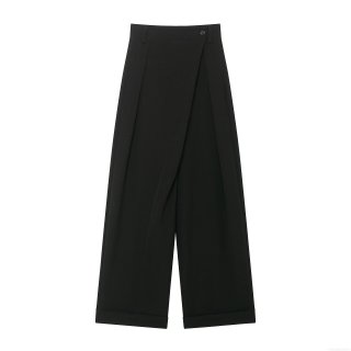 Women's High Waist Wide Leg Trousers Asymmetric Button Waist Casual Straight Pants Solid Black Polyester Commute Elegant Office Lady Long Trousers