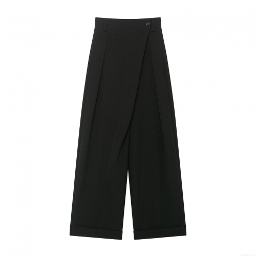 Women's High Waist Wide Leg Trousers Asymmetric Button Waist Casual Straight Pants Solid Black Polyester Commute Elegant Office Lady Long Trousers