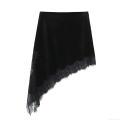 Women's Black Velvet Asymmetric Midi Skirt With Eyelash Lace Trim Sexy High Waist Irregular Hem Patchwork Skirt For Party Club Streetwear Elegant Ladies Bottoms