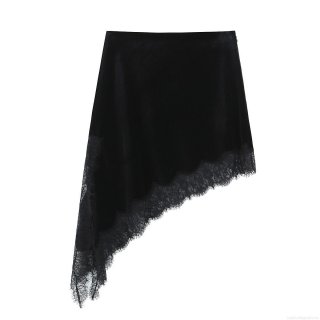 Women's Black Velvet Asymmetric Midi Skirt With Eyelash Lace Trim Sexy High Waist Irregular Hem Patchwork Skirt For Party Club Streetwear Elegant Ladies Bottoms