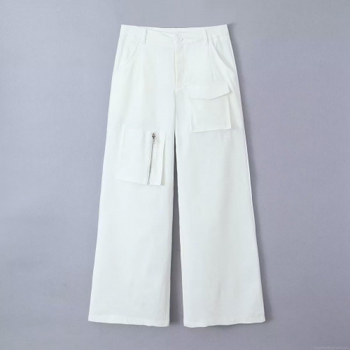 Women White Cargo Pants Low Waist Wide Leg Multi Pocket Casual Trousers Streetwear Fashion Cotton Blend Straight Leg Bottoms