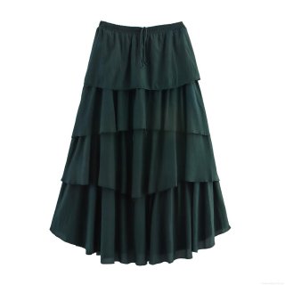 Women's Casual Tiered Midi Skirt Dark Green Elastic High Waist With Drawstring 4-Layer Cake Skirt Flowy Polyester Skirt For Women Daily Vacation