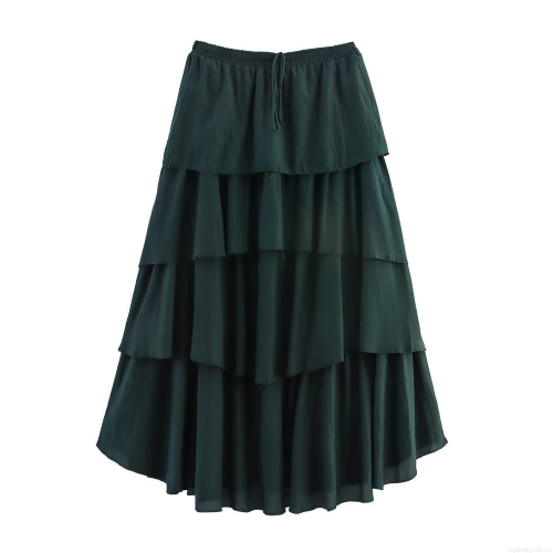 Women's Casual Tiered Midi Skirt Dark Green Elastic High Waist With Drawstring 4-Layer Cake Skirt Flowy Polyester Skirt For Women Daily Vacation