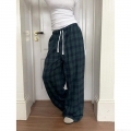 Women's American Retro Plaid Wide Leg Pants Loose Casual Contrast Color Trousers Streetwear Drawstring Plaid Pants with Letter A Patch Cotton Blend
