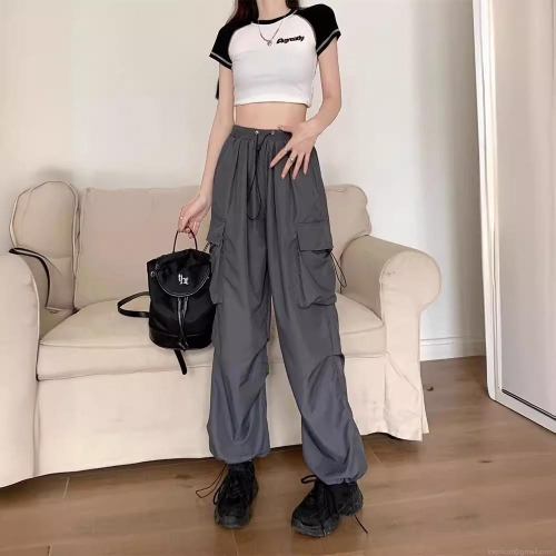 Women's High Street Cargo Pants Loose Straight Wide Leg Trousers Drawstring High Waist Multi Pocket Casual Streetwear Floor Length Pants