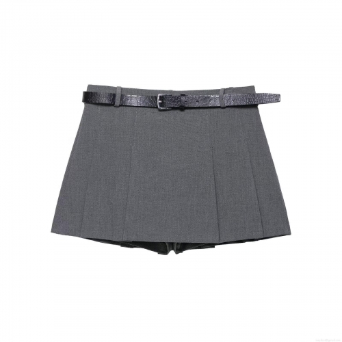 Women's High Waist Pleated Skort With Crocodile Pattern Belt Casual Grey A-Line Short Skirt Pants For Daily Autumn Fashion