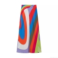 Women's Elegant Satin Midi Skirt Rainbow Stripe Wave Print A-Line High Waist Commuter Skirt Silky Polyester Skirts for Women Fashion