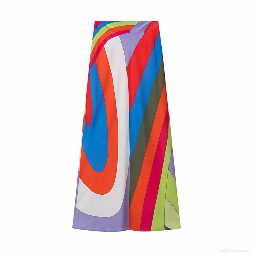 Women's Elegant Satin Midi Skirt Rainbow Stripe Wave Print A-Line High Waist Commuter Skirt Silky Polyester Skirts for Women Fashion