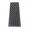 Women's Elegant Grey Plaid Mesh Midi Skirt A-Line Tulle Grid Printed Casual High Waist Long Skirt For Daily Work Office Autumn Fashion