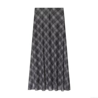 Women's Elegant Grey Plaid Mesh Midi Skirt A-Line Tulle Grid Printed Casual High Waist Long Skirt For Daily Work Office Autumn Fashion