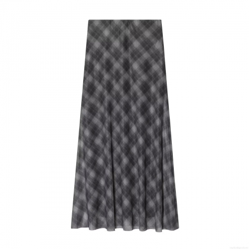Women's Elegant Grey Plaid Mesh Midi Skirt A-Line Tulle Grid Printed Casual High Waist Long Skirt For Daily Work Office Autumn Fashion
