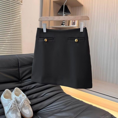 Women Elegant A-Line Mini Skirt Cotton Spandex High Waist Short Skirt with Golden Decorative Buttons Solid Black Skirt for Office Lady Commute