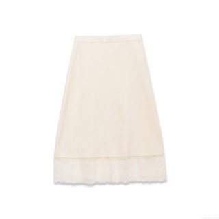 Women's Fashion Knitted Ribbed Midi Skirt Solid Milky White Lace Trim Hem Middle Waist Polyester Bodycon Straight Skirt for Party Streetwear Casual Elegant Lady Bottoms