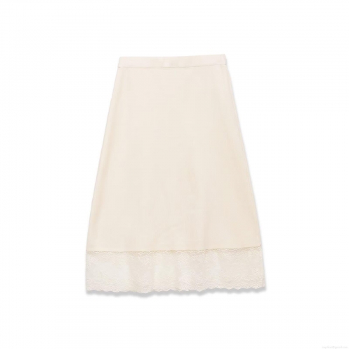 Women's Fashion Knitted Ribbed Midi Skirt Solid Milky White Lace Trim Hem Middle Waist Polyester Bodycon Straight Skirt for Party Streetwear Casual Elegant Lady Bottoms