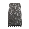 Women's Fashion Silver Sequined Midi Skirt With Black Lace Hem Elegant High Waist Slim Fit Party Clubwear Evening Skirt For Women