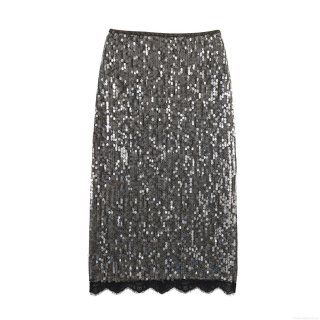 Women's Fashion Silver Sequined Midi Skirt With Black Lace Hem Elegant High Waist Slim Fit Party Clubwear Evening Skirt For Women