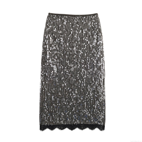 Women's Fashion Silver Sequined Midi Skirt With Black Lace Hem Elegant High Waist Slim Fit Party Clubwear Evening Skirt For Women
