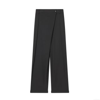 Women's Wide Leg Trousers Elegant Asymmetric High Waist Button Detail Solid Black Loose Fit Long Pants For Casual Office Daily Wear Trendy High Street Style